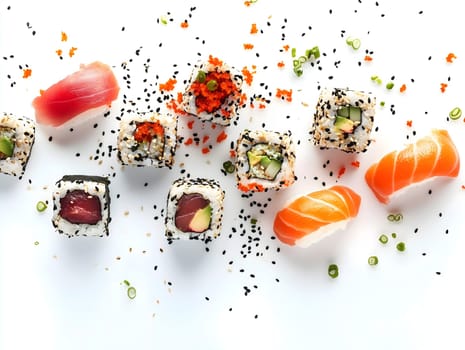 A variety of fresh sushi rolls, including maki and nigiri, beautifully arranged on a white background. The colorful ingredients, such as salmon, avocado, and roe, enhance the visual appeal of this Japanese cuisine.