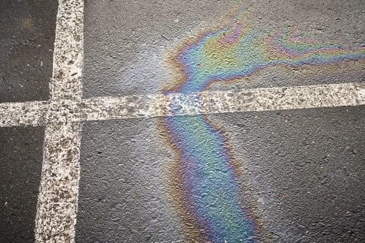 Oil or fuel leak on wet asphalt of parking lot, indicated by contrasting white line