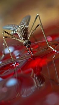 Close-up of a mosquito with detailed textures, perched precariously on the surface tension of a liquid