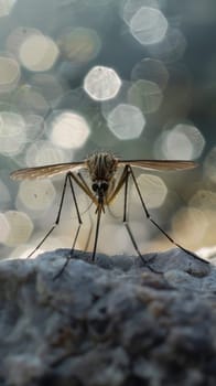 A close-up of a mosquito resting on a rough stone surface, with a bokeh light effect in the background