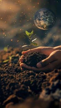 Hands cradle a young plant against a backdrop of soil, with a mesmerizing image of Earth floating above, symbolizing growth and environmental balance
