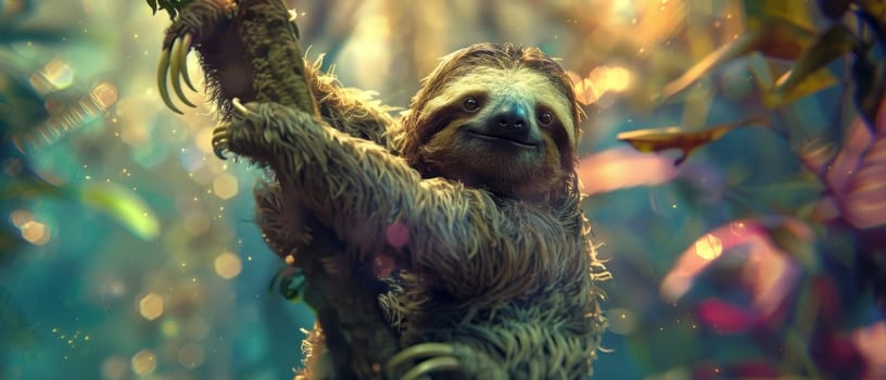 A tranquil sloth hangs leisurely among vibrant jungle foliage, with a soft glow illuminating its contented face