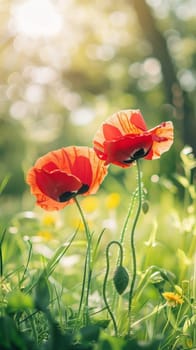 Two red poppies in a sunlit field symbolize remembrance and honor, echoing the solemnity of Memorial Day with their vibrant presence