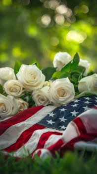 White roses gracefully laid upon the American flag capture a moment of honor and gratitude on Memorial Day