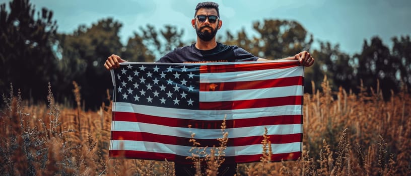 A bearded man in sunglasses and a dark t-shirt proudly holds the American flag, with a background of golden wild grass under a clear sky