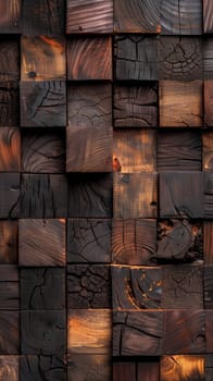 A captivating array of burnt wooden blocks, showcasing intricate natural patterns and textures, exuding a rustic charm