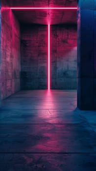 A somber concrete corridor enhanced by a striking vertical pink neon light, casting a dual-tone reflection on the floor