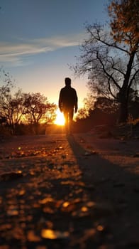 A silhouette of an individual strolling on a path as the sun sets, casting a golden glow and long shadows on the ground