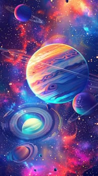 An otherworldly digital art piece presents a kaleidoscope of planets and stars in a symphonic array of cosmic elements. Neon sgraffito solar system 3d black light illustration