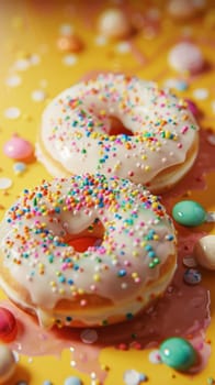 Two vanilla frosted donuts sprinkled with colorful toppings rest on a vibrant yellow background with assorted candies