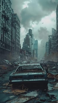 A haunting apocalyptic cityscape, with an abandoned car amid a desolate street strewn with debris under a stormy sky