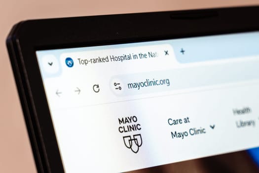 New York, USA - January 26, 2025: Mayo Clinic website displayed on a laptop screen, showcasing healthcare services and medical resources