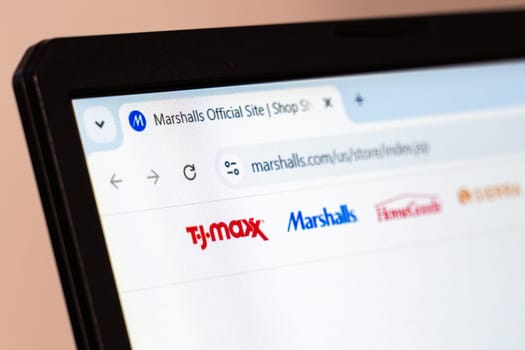 New York, USA - January 26, 2025: Marshalls website displayed on a laptop screen, highlighting retail brands and shopping options