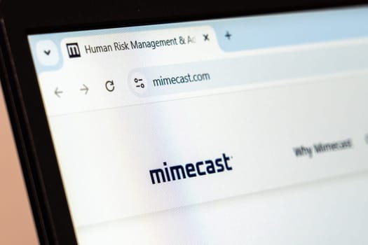 New York, USA - January 26, 2025: Mimecast website displayed on a laptop screen, highlighting human risk management and email security solutions
