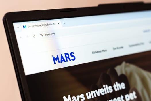 New York, USA - January 26, 2025: Mars website displayed on a laptop screen, showcasing global pet care, food, and confectionery products
