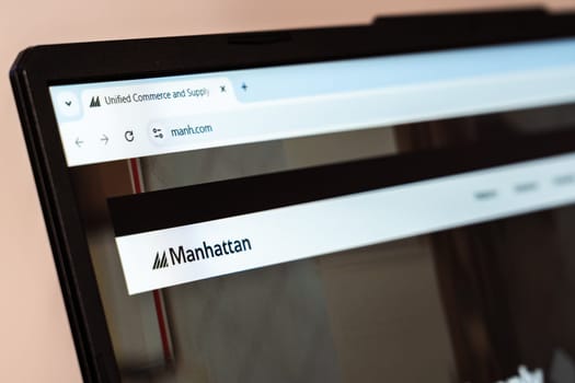 New York, USA - January 26, 2025: Manhasset website displayed on a laptop screen, featuring music stands and accessories