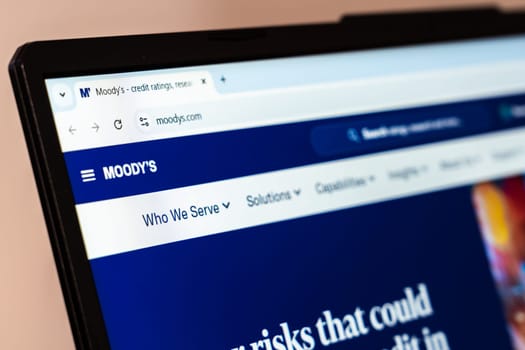 New York, USA - January 26, 2025: Moodys website displayed on a laptop screen, showcasing credit ratings and risk assessment solutions
