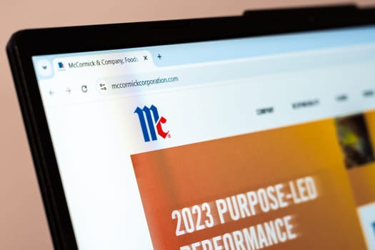 New York, USA - January 26, 2025: McCormick and Company website displayed on a laptop screen, featuring flavor products and sustainability initiatives