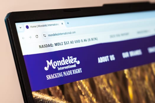 New York, USA - January 26, 2025: Mondelez International website homepage with logo showcasing snacking and food products