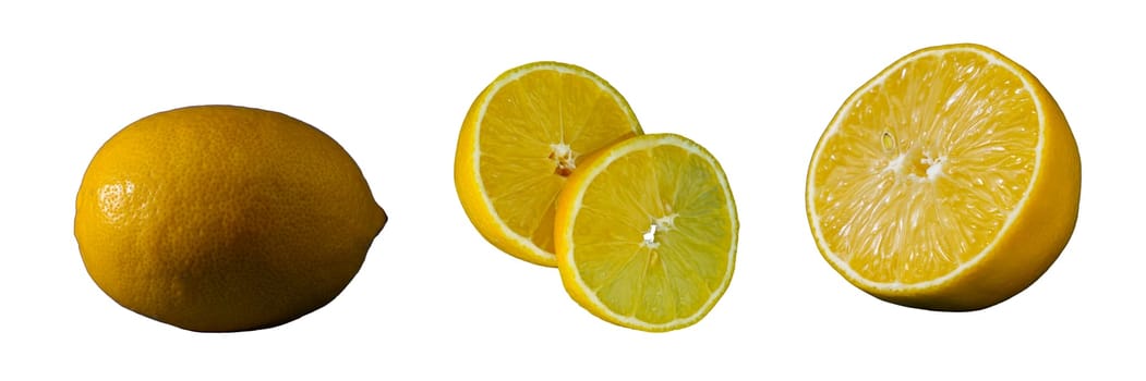 Whole lemon, slices, and half isolated on a white background. Perfect for food photography, recipe content, healthy eating promotions, and product advertising with a focus on citrus fruits