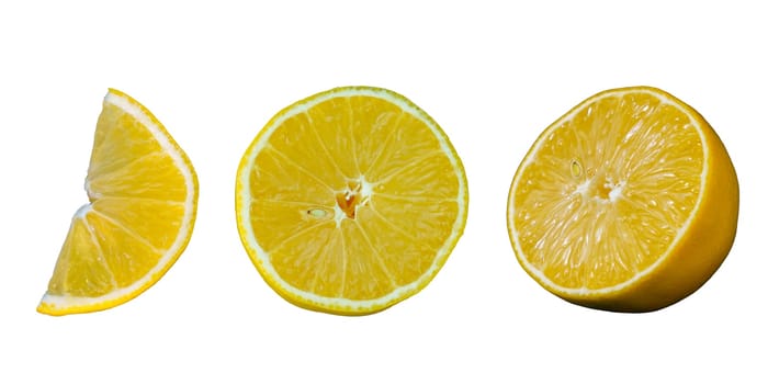 Lemon wedge, slice, and half isolated on a white background. Perfect for food photography, recipe illustrations, healthy eating content, and product advertising with a focus on citrus fruits