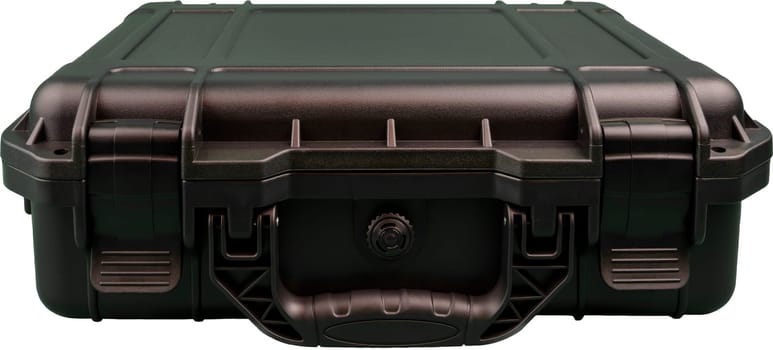Black hard protective case lying flat with handle visible. Ideal for showcasing durable storage solutions, industrial or travel equipment, and product-focused designs emphasizing safety