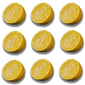 Pattern of fresh lemon halves on a white background. Ideal for food-related designs, packaging, branding, healthy lifestyle promotions, and decorative projects with a citrus theme. High quality photo