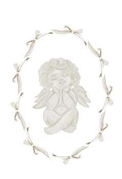 Cherub angels cupids watercolor. Hand drawn little boy in a frame of bows in pastel colors on a white background. Clip art religious. Perfect for Valentine's Day and Christening cards and posters. High quality illustration. High quality illustration