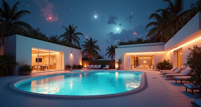 A pool with palm trees in the background and a house in the foreground