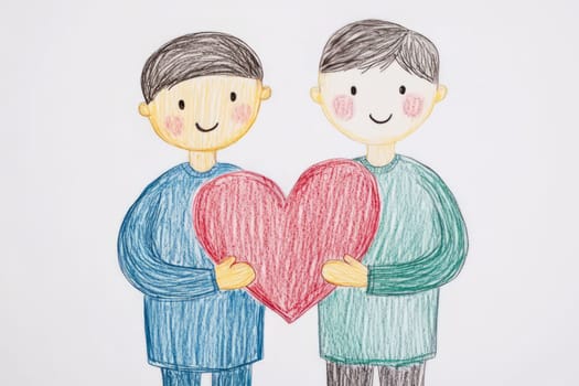 Two homosexual man in love holding a heart in their hands. Valentine's day. A drawing made by a kid's hand