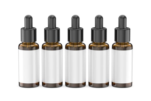 Row of brown glass dropper bottles with white blank labels on white background