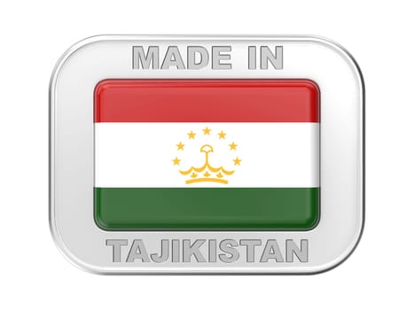 Made in Tajikistan, silver badge with the national flag of Tajikistan