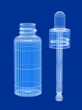 3D wire-frame model of a dropper bottle and pipette