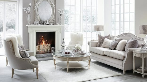 Winter interior design and decoration, elegant country cottage style room, soft neutral tones and cosy atmosphere in an English countryside manor home interior idea