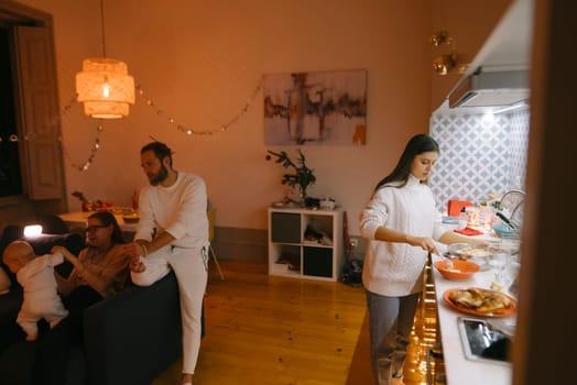 A delightful warm family gathering where everyone is enjoying a delicious homecooked meal in a cozy setting