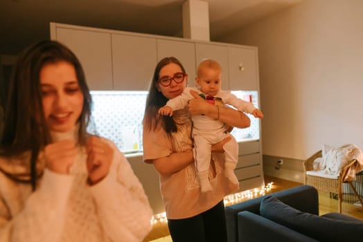 A heartwarming family scene featuring a loving mother and her child engaging playfully in a beautifully lit living room