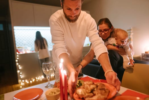 A heartwarming family gathering that features a festive dinner, laughter, and many joyful moments shared together