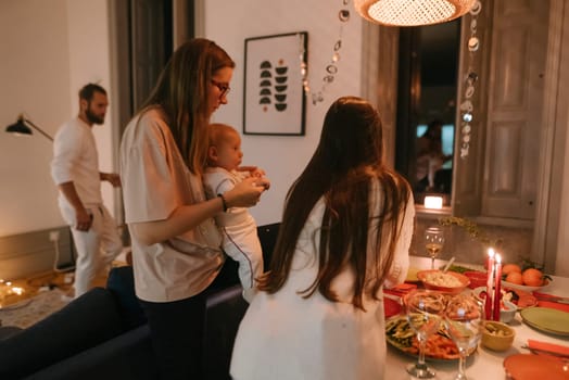 A warm family scene where loved ones share a festive dinner, showcasing love, warmth, and togetherness