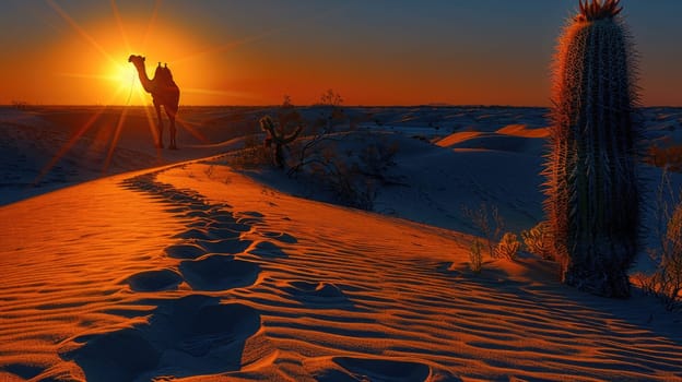 A camel strides along a sandy path in the desert, silhouetted against a vibrant sunset. The warm evening light highlights the dunes and cacti, creating a serene atmosphere.