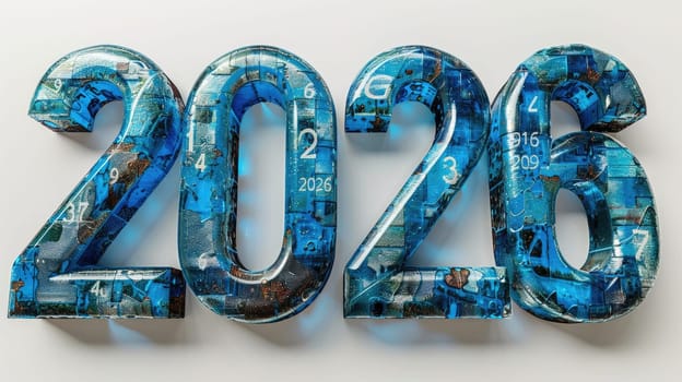 Bold numbers 2026 are filled with vivid images symbolizing progress and future aspirations, placed on a soft backdrop to create a vibrant, motivational display.