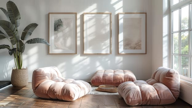 A bright and inviting seating area features plush cushions in soft tones, complemented by natural light streaming through large windows. Framed artwork adds a touch of elegance.