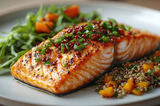 A grilled salmon fillet garnished with herbs is plated alongside mixed greens and a colorful quinoa salad, creating an appetizing and healthy meal.