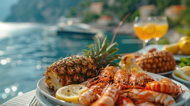 A seafood platter featuring shrimp and pineapple sits on a table by the water, with vibrant drinks and a picturesque coastal background under bright sunlight.