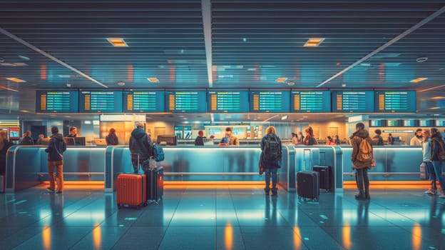 Travelers are gathered at an airport terminal, engaging with check-in kiosks and counters. Luggage is positioned nearby as bright screens display flight information.