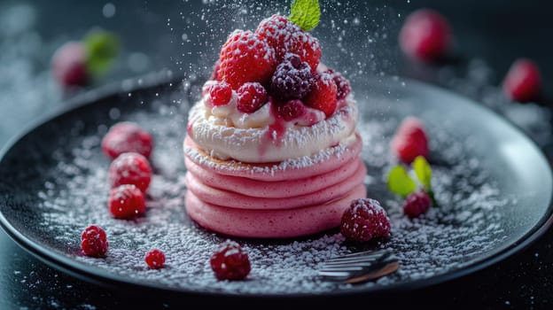 A visually appealing dessert features layered pink pancakes topped with fresh raspberries, blueberries, and whipped cream, dusted with powdered sugar, and adorned with mint.