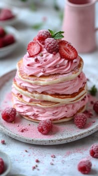 A beautifully arranged plate features tall stacks of fluffy pink pancakes layered with creamy frosting and garnished with fresh strawberries and raspberries.