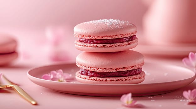 Soft pink macarons with a rich filling sit atop a pastel plate, surrounded by tiny blossoms. The gentle colors create a calm, inviting atmosphere perfect for a tea time treat.