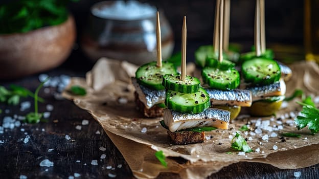 Appetizers arranged beautifully on crumpled brown paper showcase layers of smoked fish and fresh cucumber, garnished with herbs and spices. Perfect for a party.