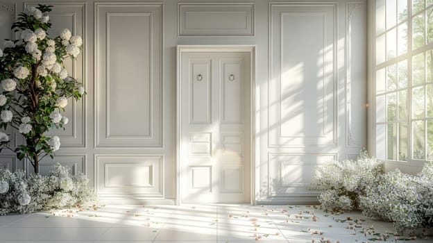 Sunlight streams through large windows, illuminating a spacious interior with minimalist decor.