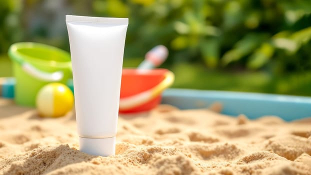 A tube of baby cream in a sandbox surrounded by toys. The concept of protecting and caring for the skin of babies while playing outdoors on a summer day.